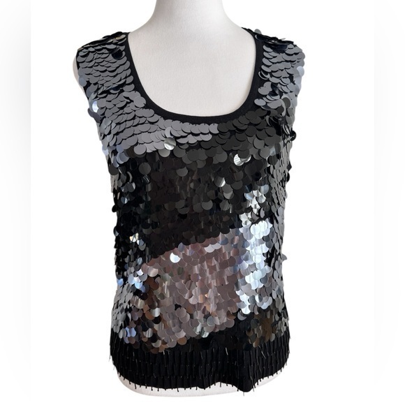Joseph Tops - Joseph A Silk Black Large Sequins Fringes Tank Top
